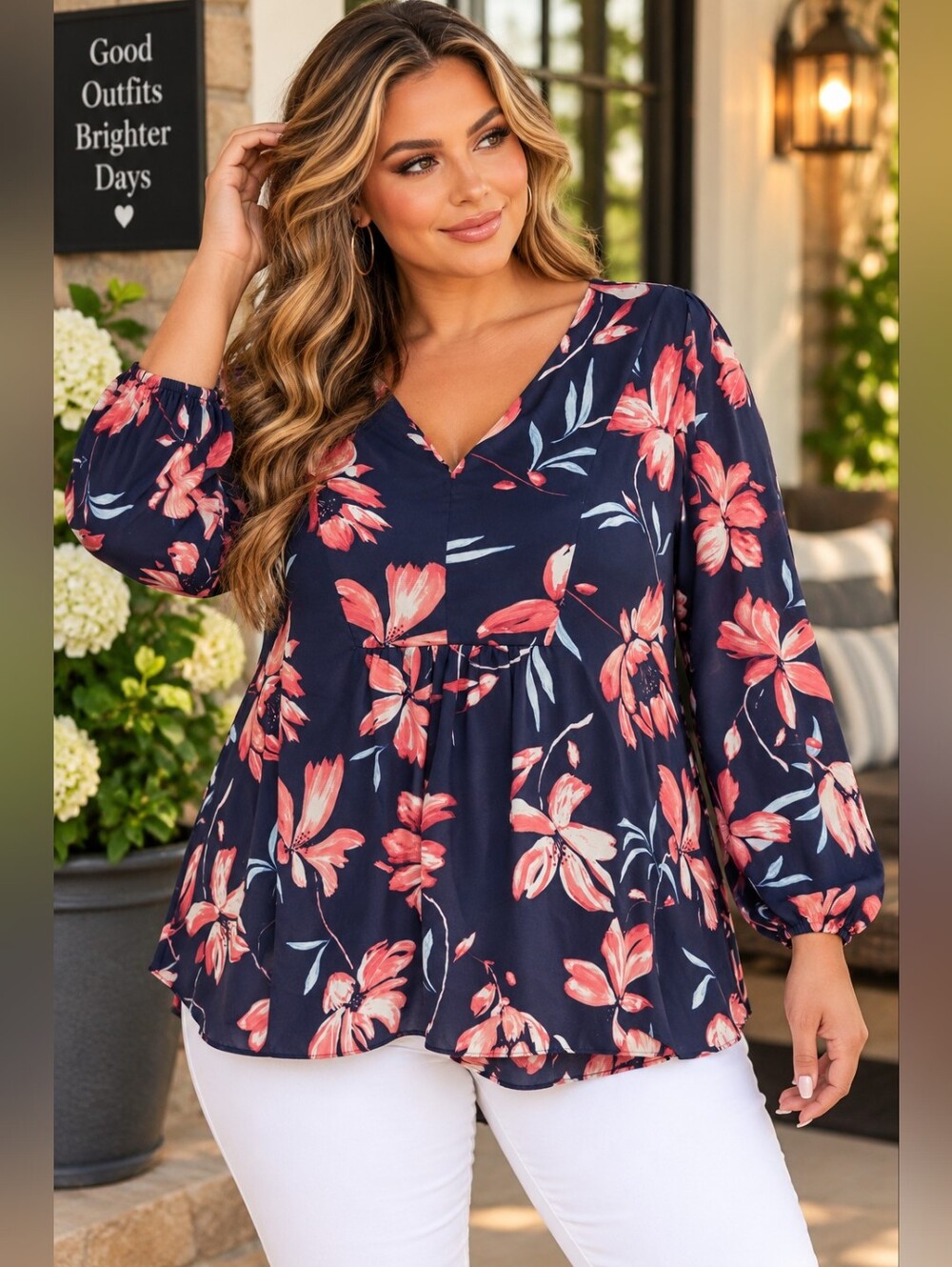 Marybelle Navy Blue Floral Long Sleeve V-Neck Plus 3X Blouse